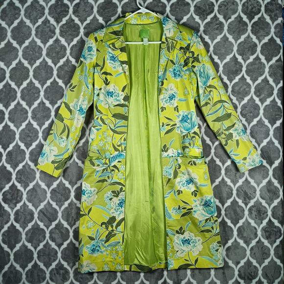 Citrine Coat Womens 4 Green Floral Print Long Duster Jacket Lined Pockets Spring - Picture 1 of 13